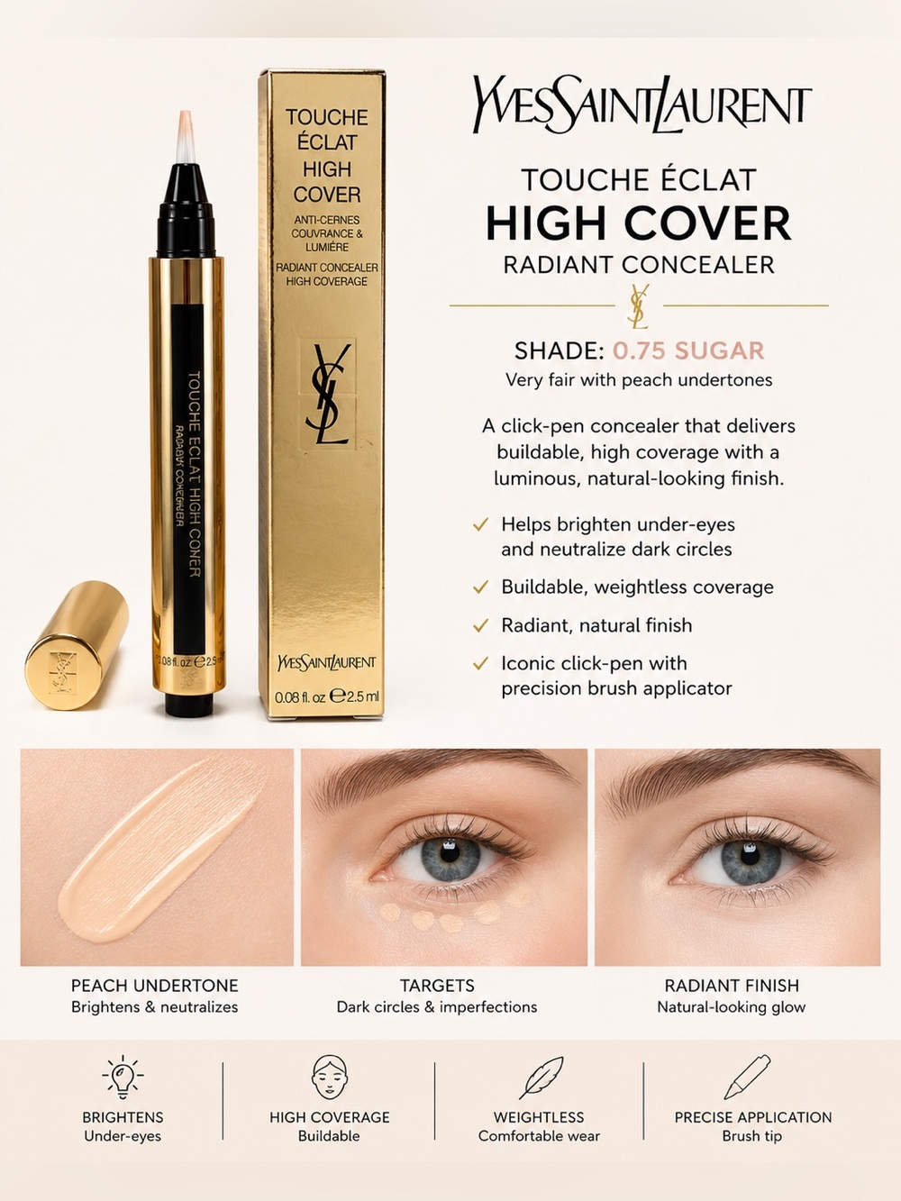 YSL Touche Éclat High Cover Radiant Concealer 0.75 Sugar NIB
